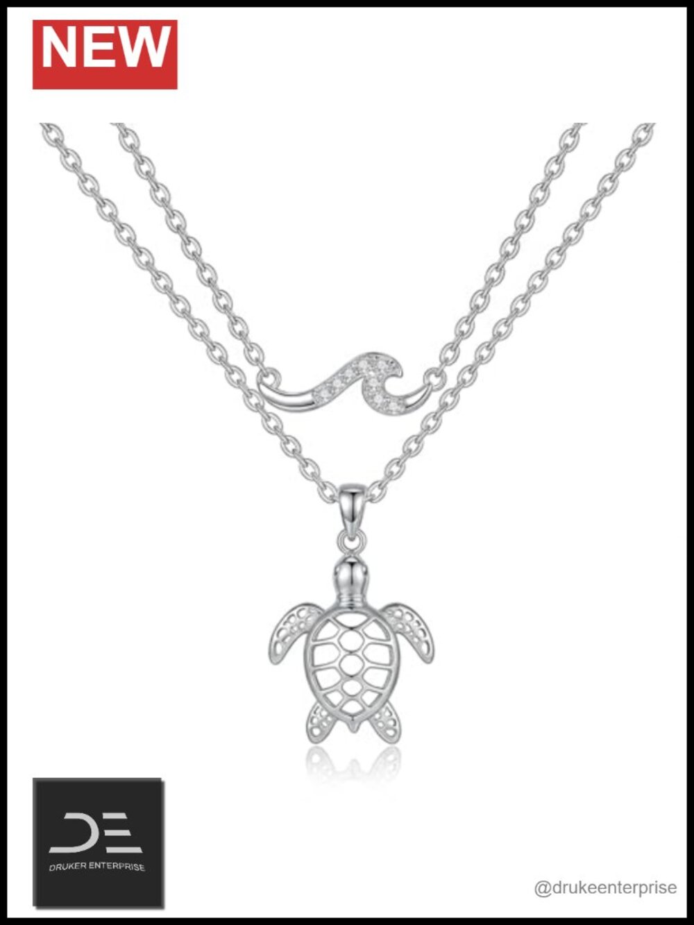 Sterling Silver Lab Grown Diamond Turtle Layered Necklace Beach Pendant Jewelry
